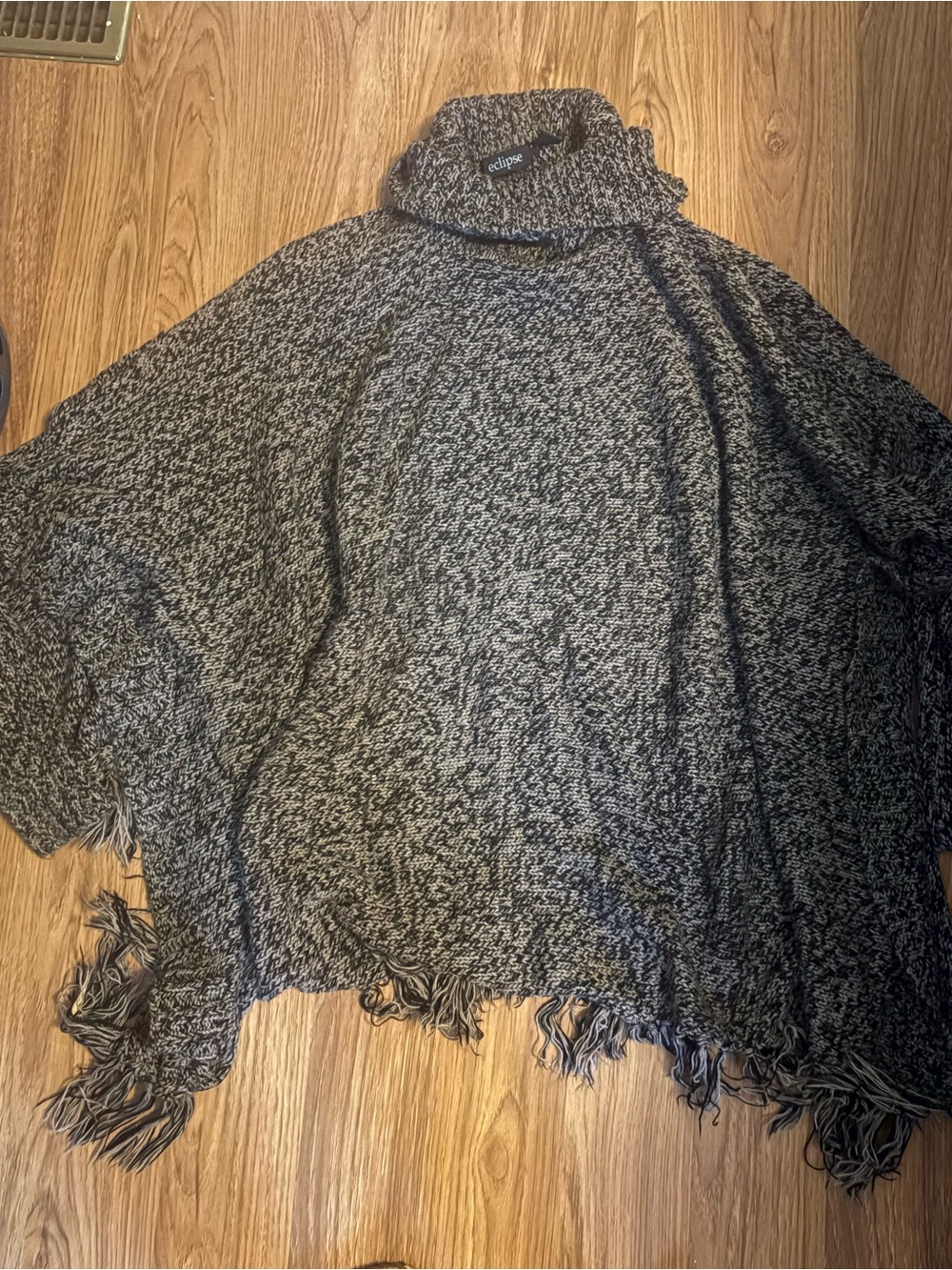 Eclipse Black & Gray Marled Turtleneck Fringe Poncho